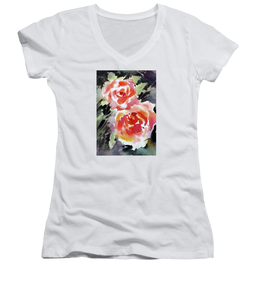 Watercolor Women's V-Neck featuring the painting Two Red Beauties by Rae Andrews