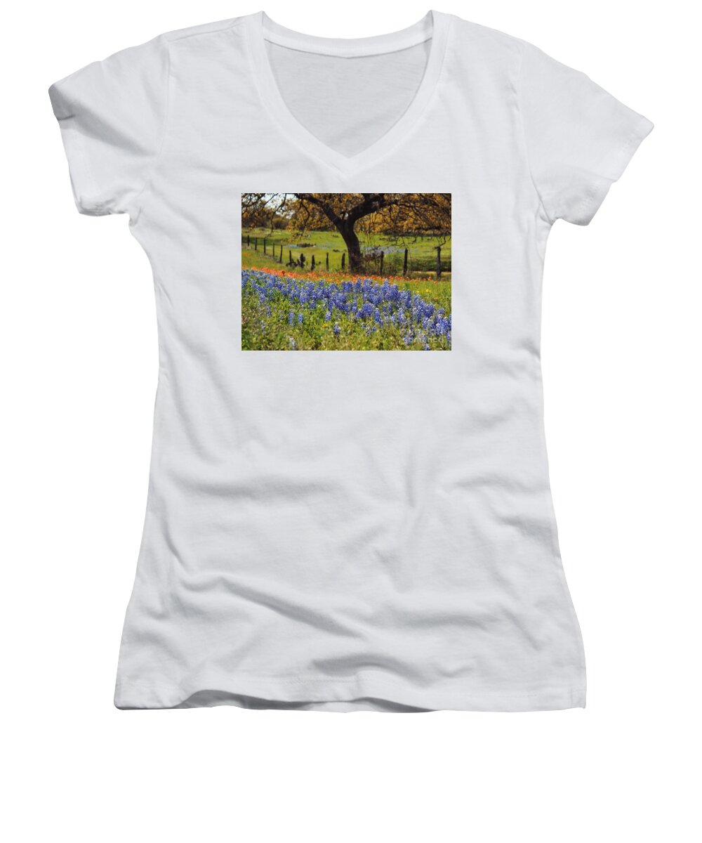 Tx Wildflowers Women's V-Neck featuring the painting TX Tradition, Bluebonnets by Lisa Spencer