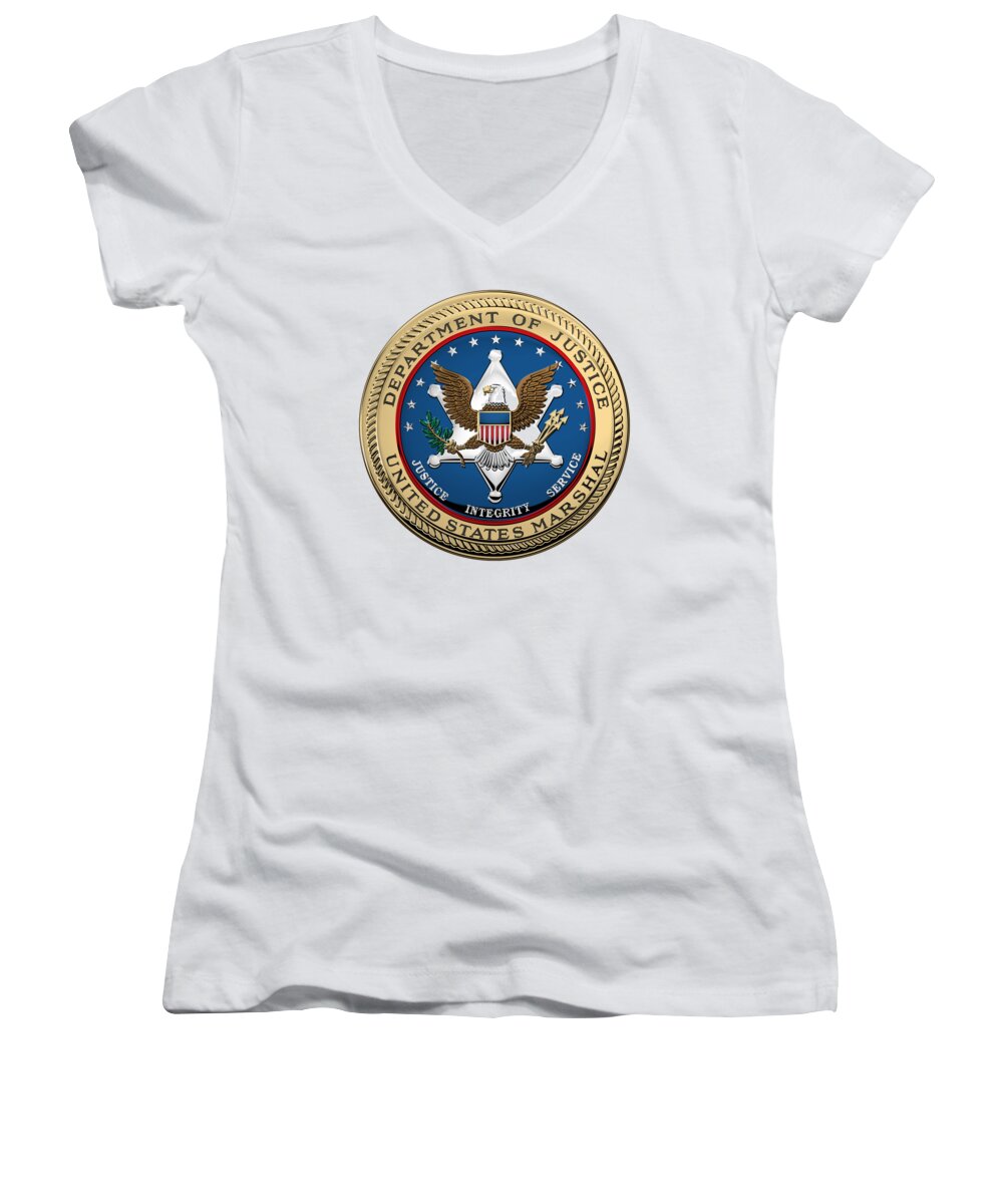 'law Enforcement Insignia & Heraldry' Collection By Serge Averbukh Women's V-Neck featuring the digital art U. S. Marshals Service - U S M S Seal over White Leather by Serge Averbukh