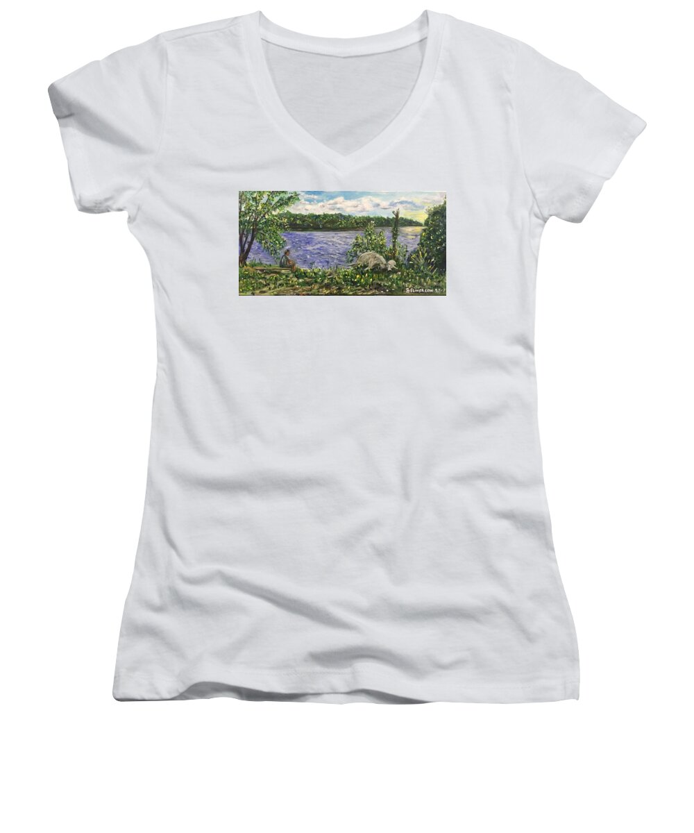 Ubin Women's V-Neck featuring the painting Ubin My Home by Belinda Low