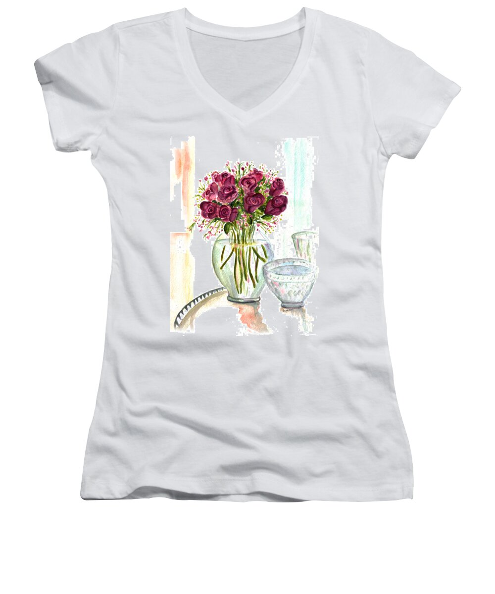 Roses Women's V-Neck featuring the painting Valentines Crystal Rose by Clara Sue Beym