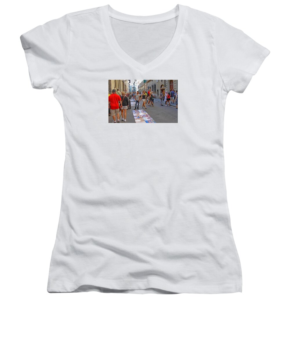 Italy Women's V-Neck featuring the photograph Vendors Selling Reproductions on the Street by Allan Levin