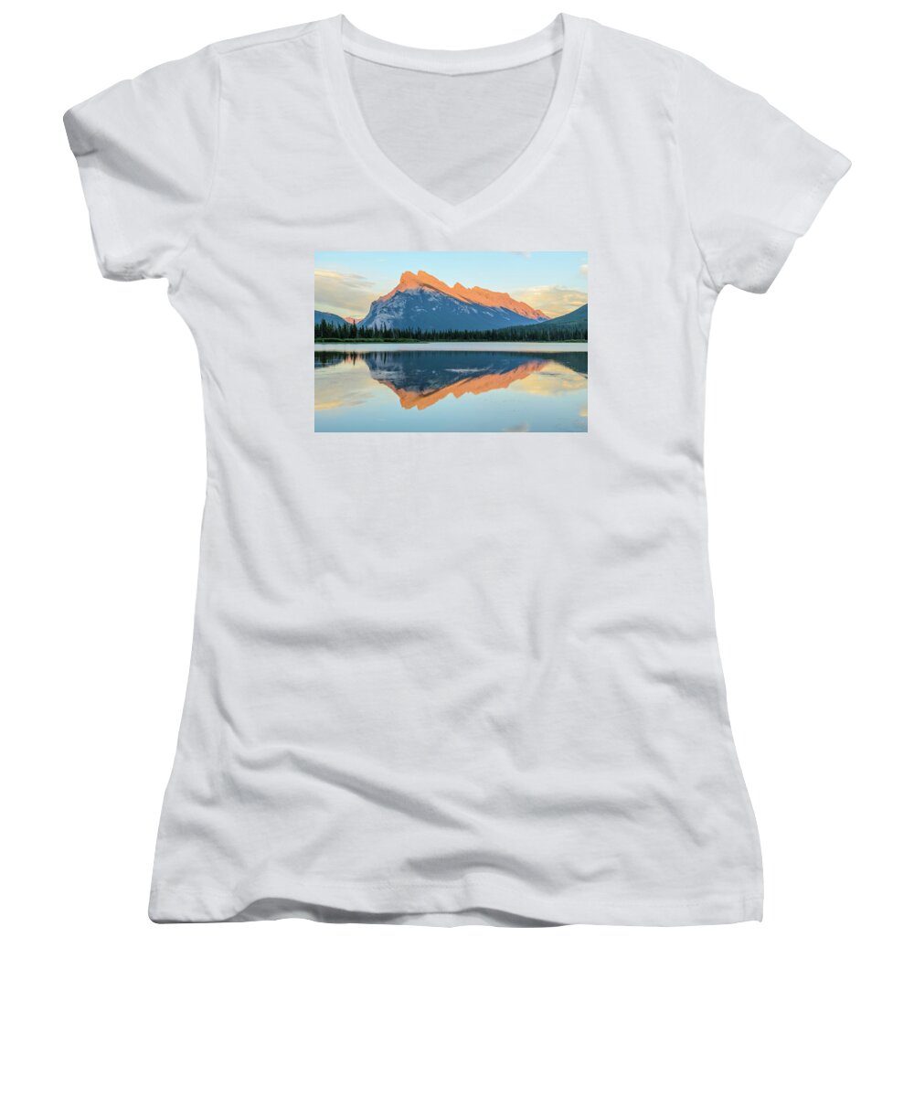Lake Women's V-Neck featuring the digital art Vermillion Lakes by Michael Lee