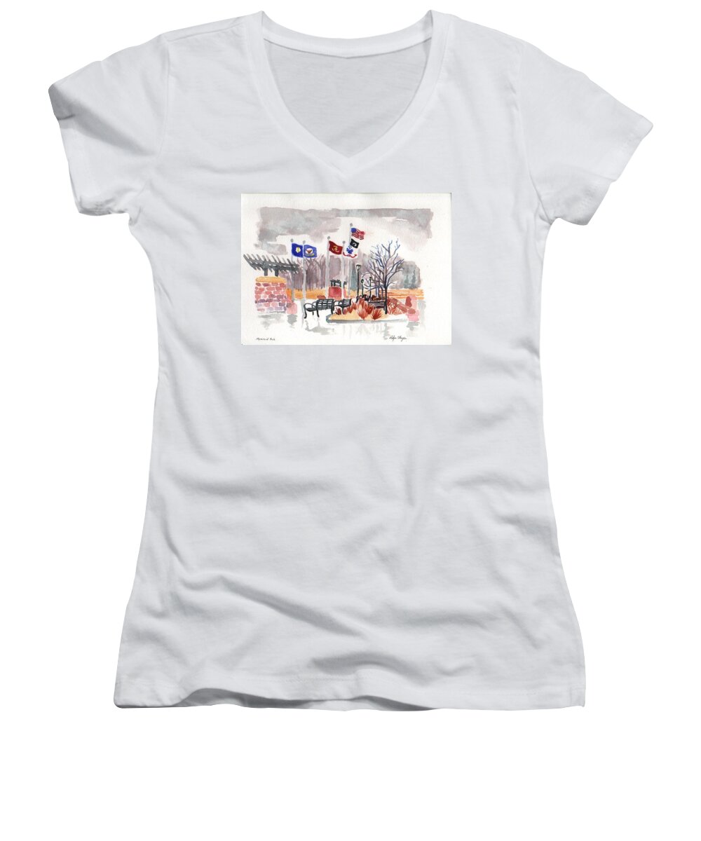 Flags Women's V-Neck featuring the painting Veteran's Memorial Park by Rodger Ellingson