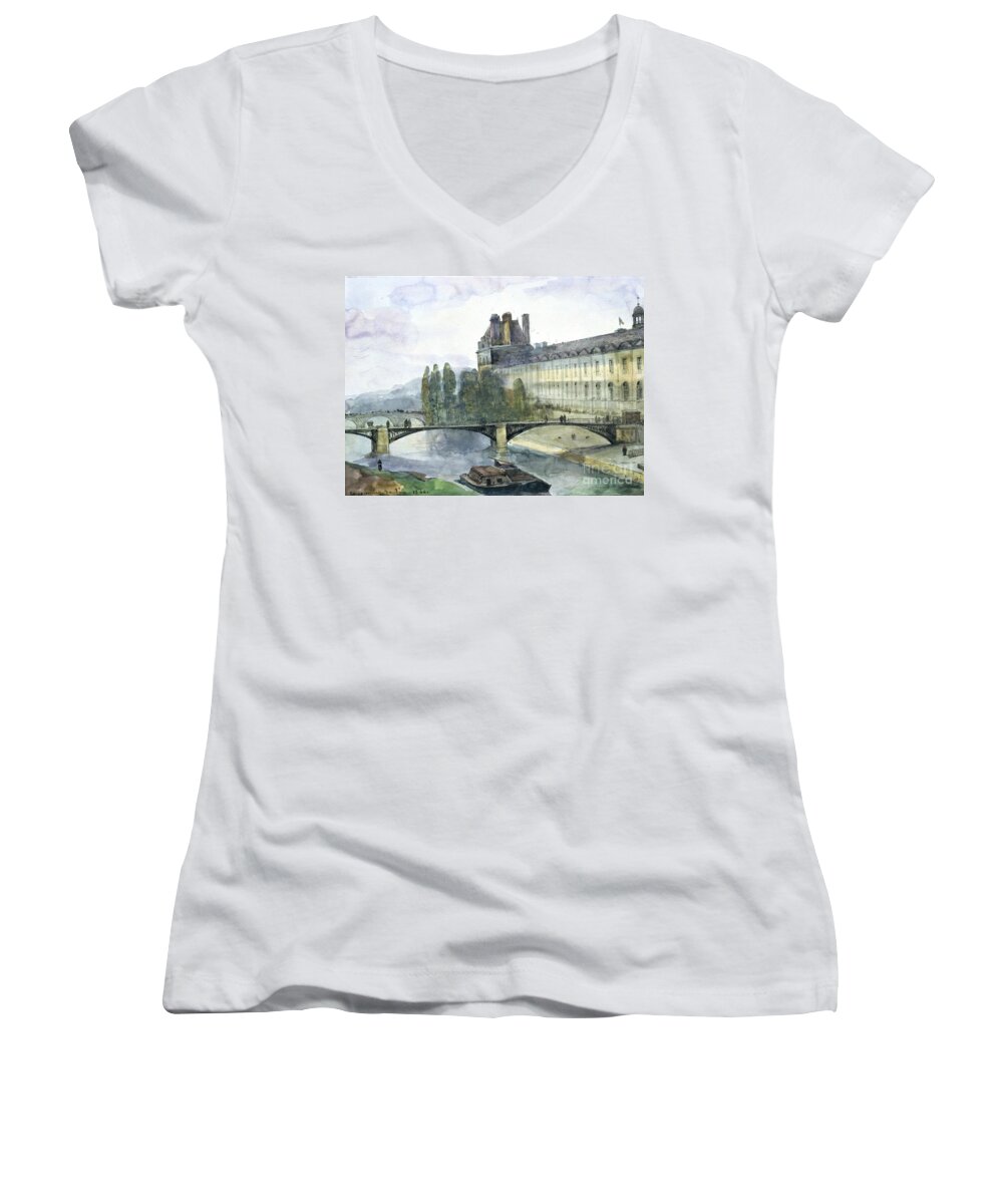 View Women's V-Neck featuring the painting View of the Pavillon de Flore of the Louvre by Francois-Marius Granet