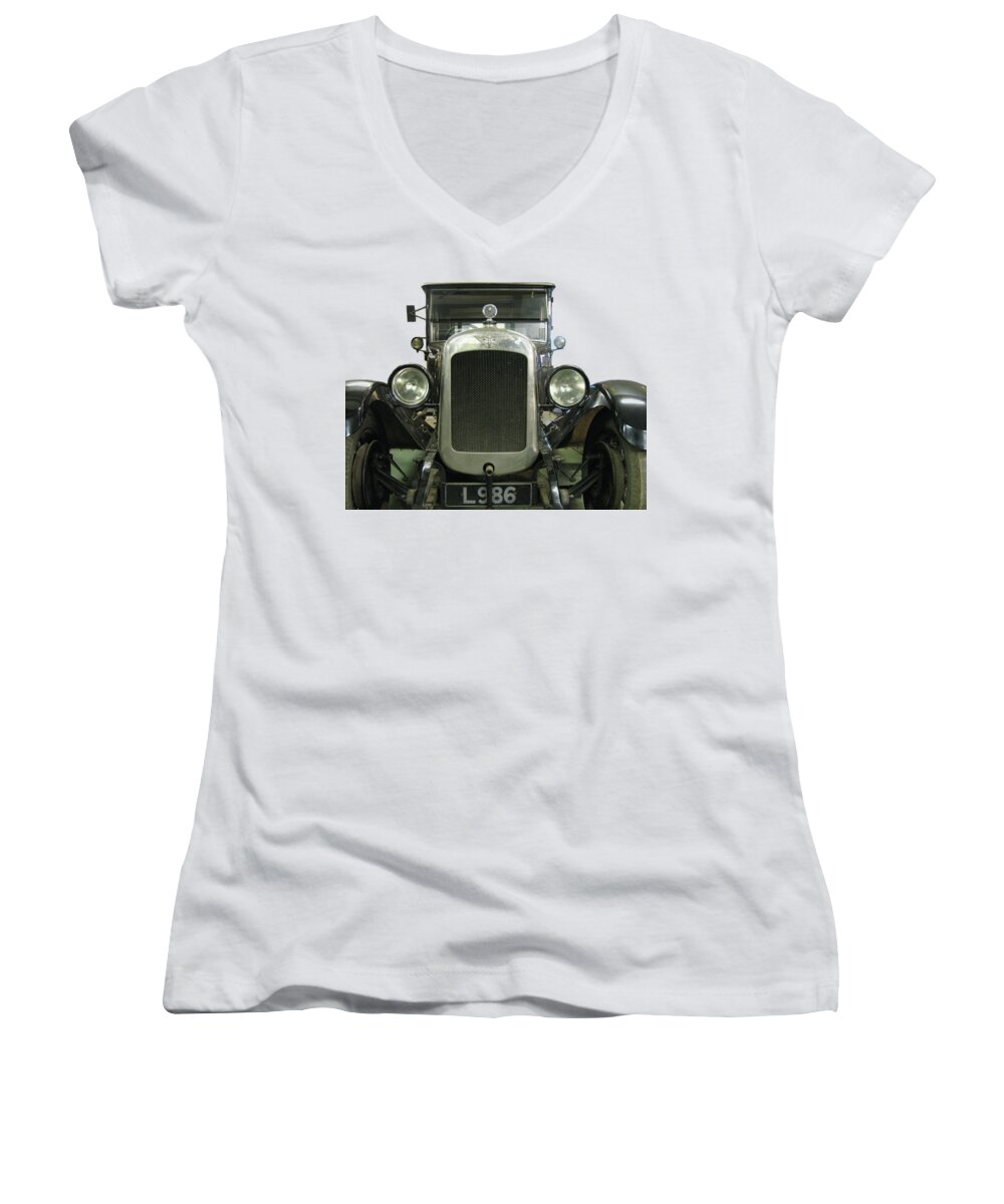 Vintage Women's V-Neck featuring the photograph Vintage convertible motor car. by Tom Conway