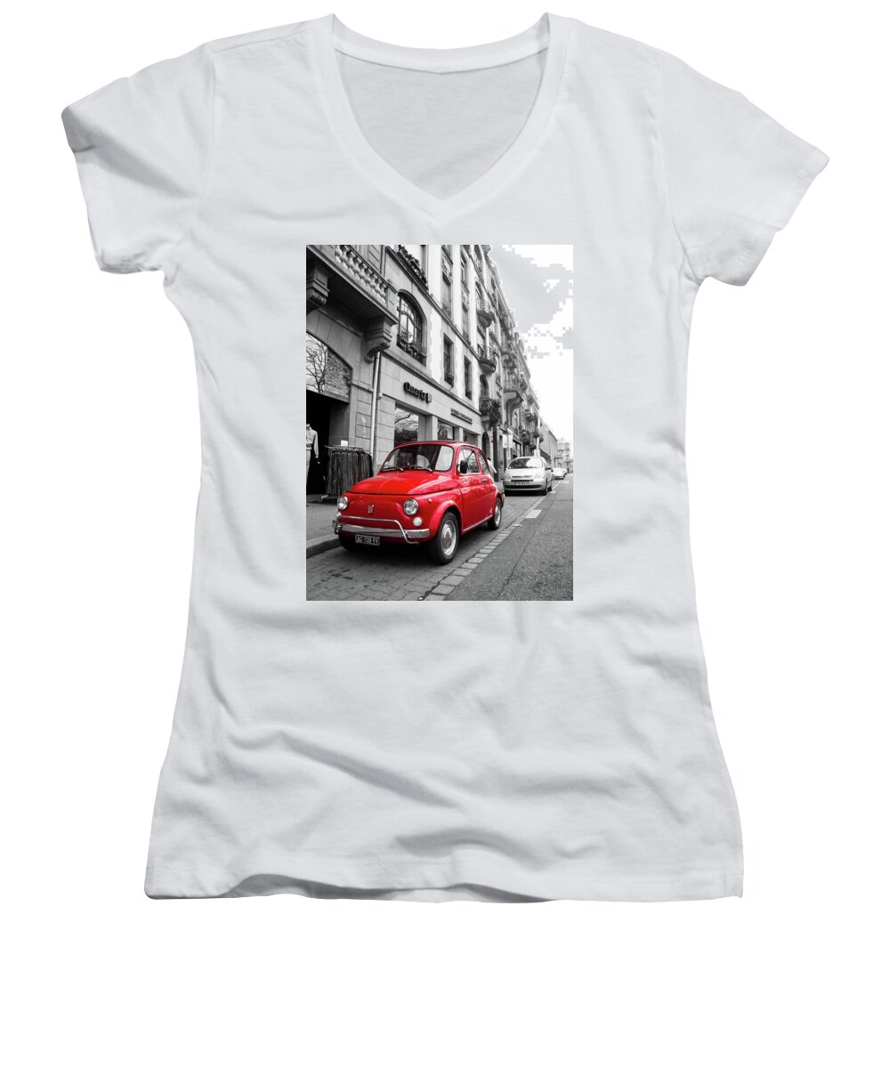 Architecture Women's V-Neck featuring the photograph Voiture Rouge by Steven Myers