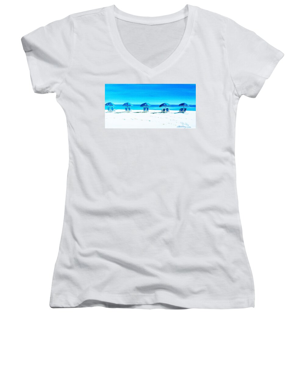 Beach Scenes Women's V-Neck featuring the painting Waiting for the Beach Sitters by Maryann Boysen