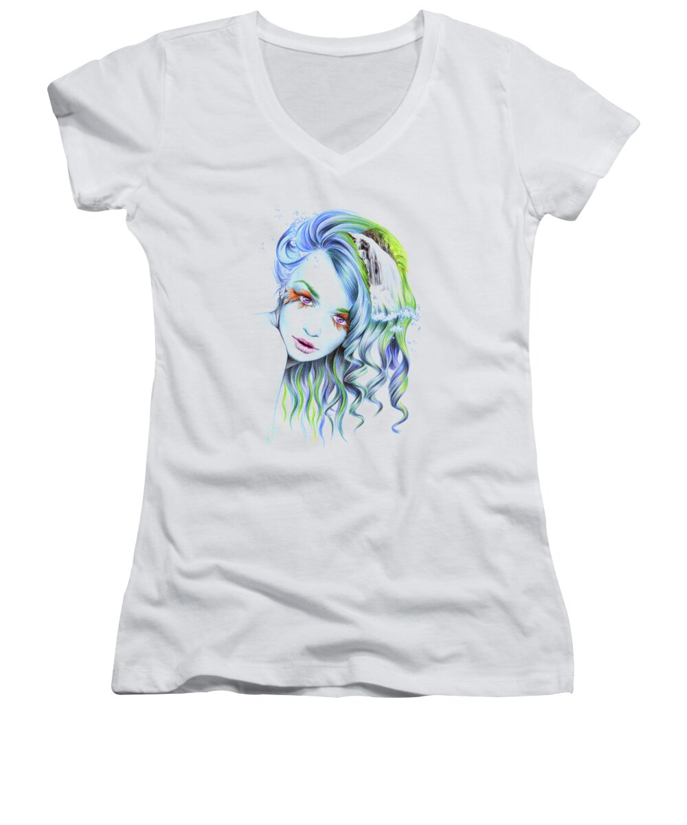 Portrait Women's V-Neck featuring the drawing Water by E Drawings