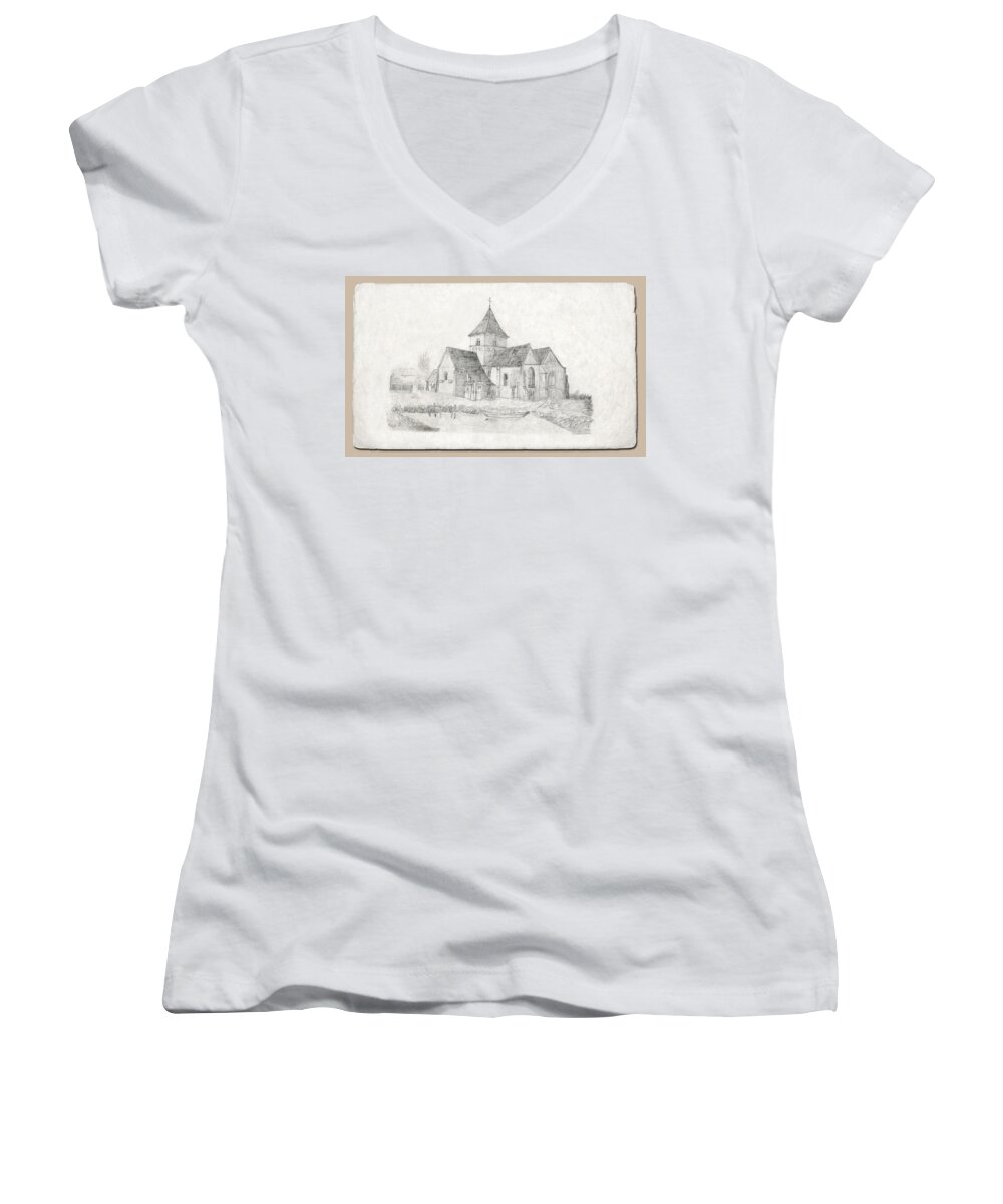 Landscape Of England 1863-1865 Women's V-Neck featuring the drawing Water Inlet at Church by Donna L Munro