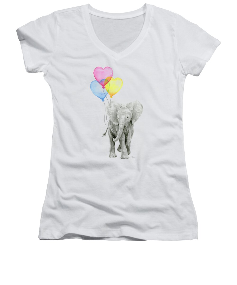 Elephant Women's V-Neck featuring the painting Watercolor Elephant with Heart Shaped Balloons by Olga Shvartsur