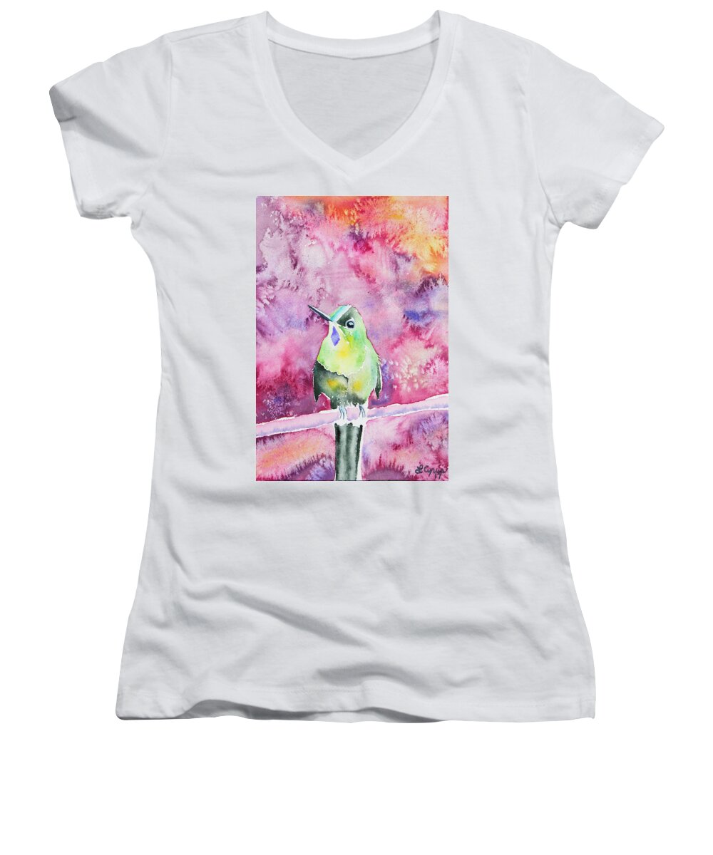 Violet-tailed Sylph Women's V-Neck featuring the painting Watercolor - Violet-tailed Sylph by Cascade Colors