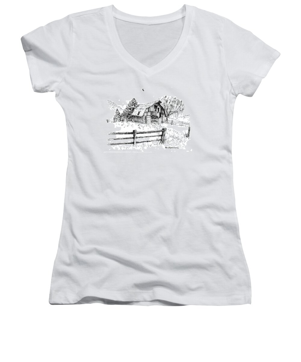 Weeping Willow Women's V-Neck featuring the drawing Weeping Willow and Barn One by Randy Welborn
