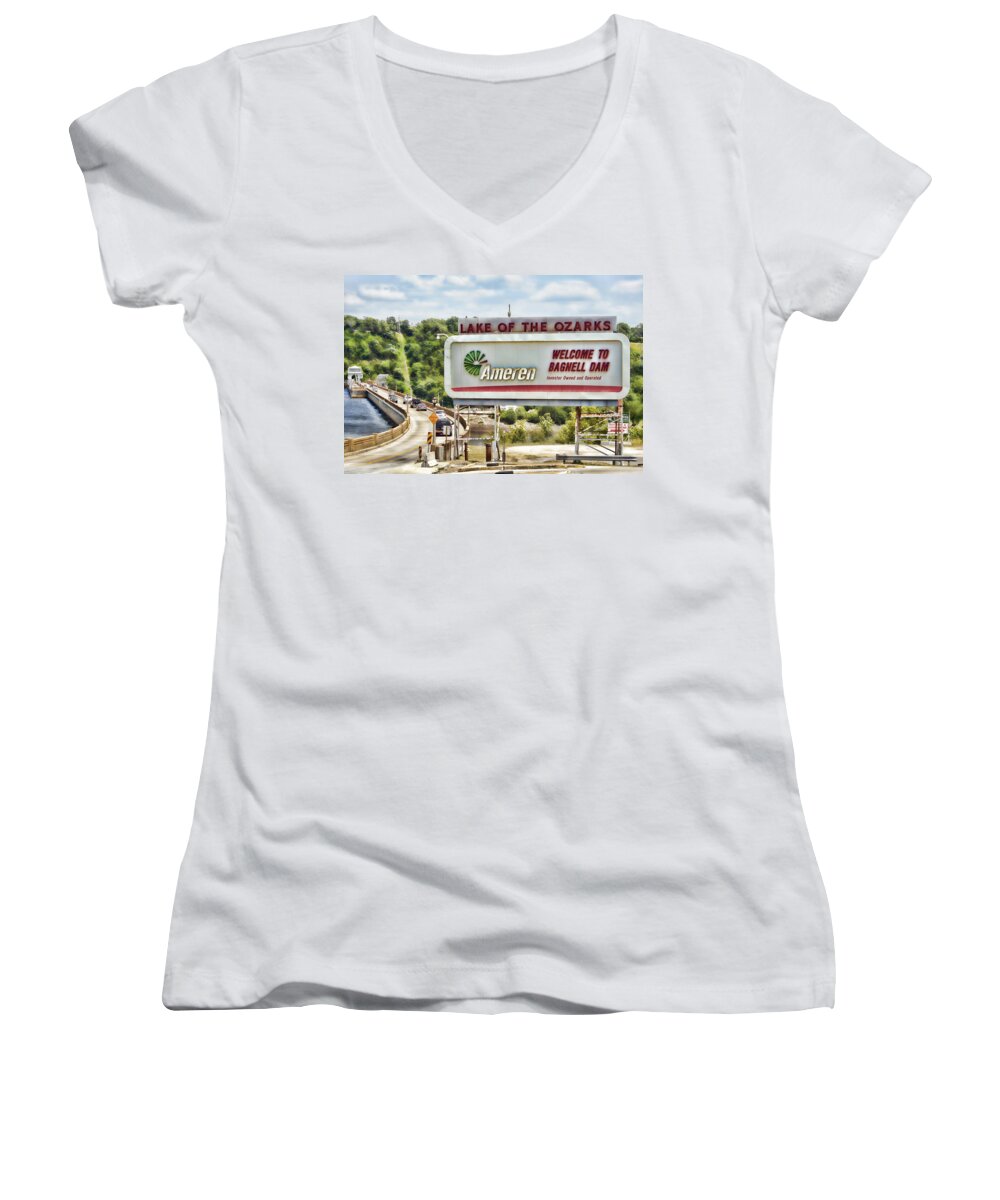 lake Of The Ozarks Women's V-Neck featuring the photograph Welcome to Bagnell Dam by Cricket Hackmann