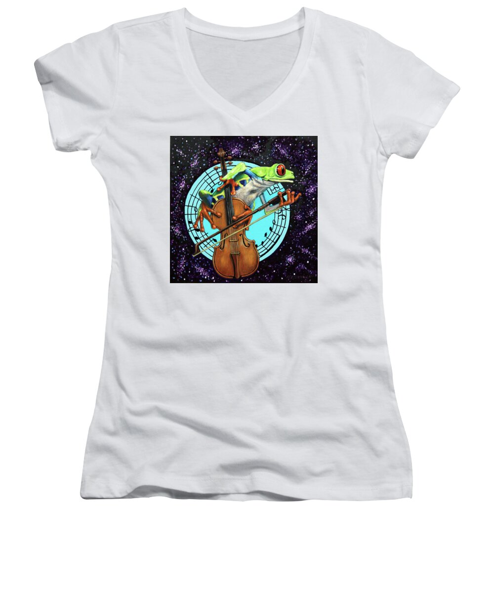 Violin Women's V-Neck featuring the painting What's It All About Froggy? by John Lautermilch