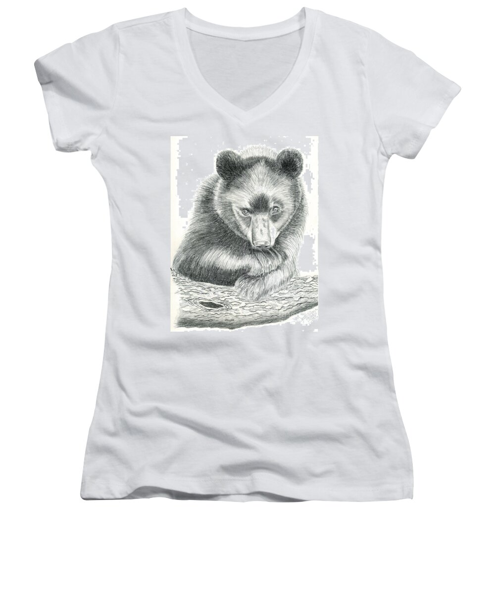 Black Bear Women's V-Neck featuring the drawing Where's the Honey? by Joette Snyder