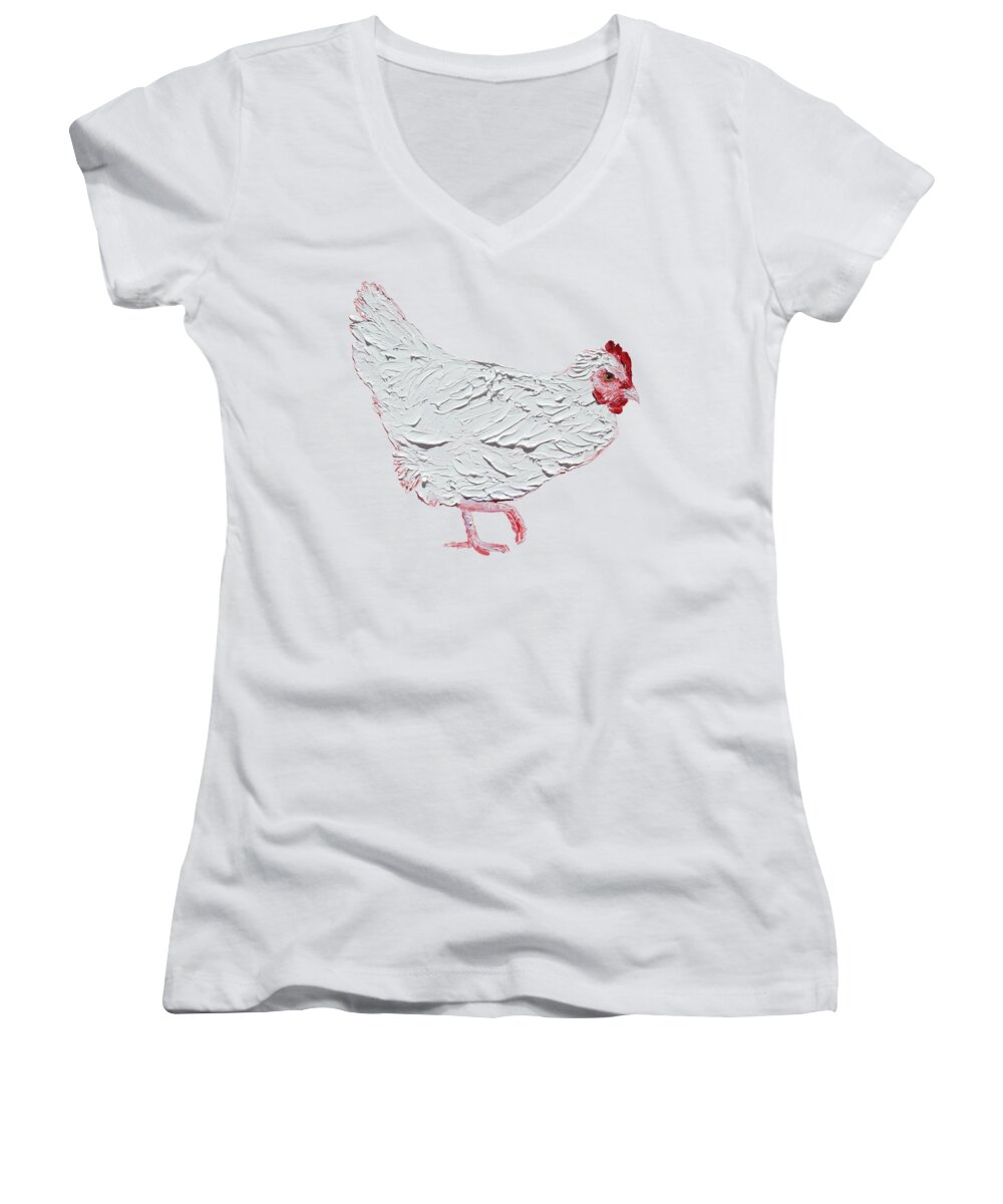 Chicken Women's V-Neck featuring the painting White chicken on white background by Jan Matson