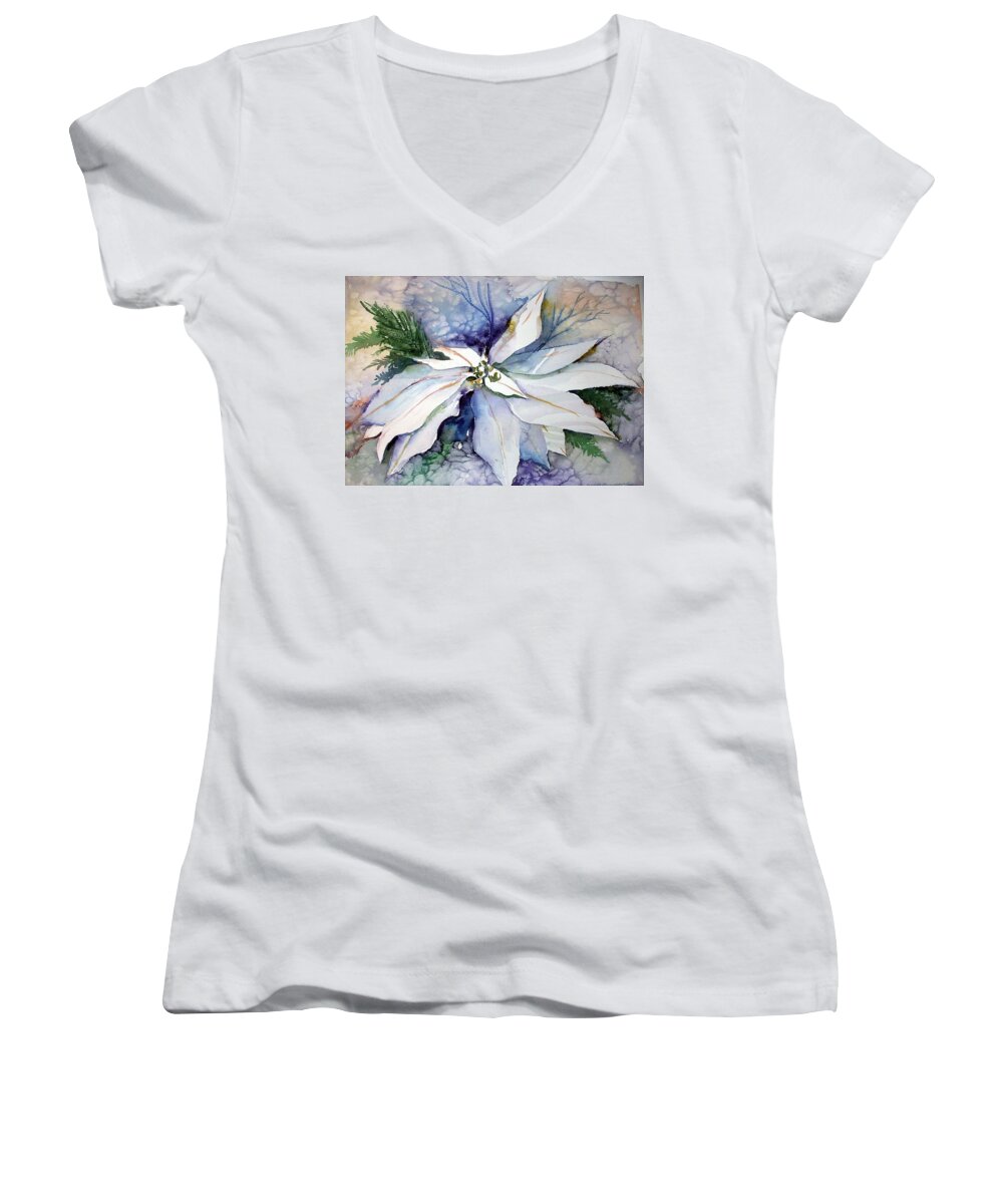 Floral Women's V-Neck featuring the painting White Poinsettia by Mindy Newman