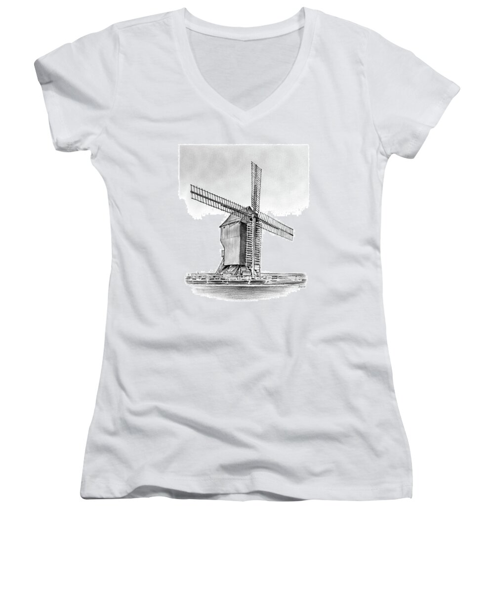 Windmill Women's V-Neck featuring the drawing Windmill at Valmy by Greg Joens