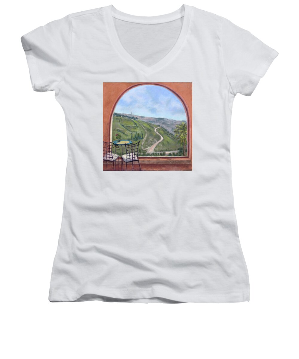 Israel Women's V-Neck featuring the painting Window to Jerusalem by Mary Benke