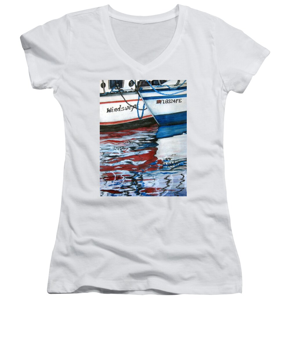 Reflections Women's V-Neck featuring the painting Windswept Reflections SOLD by Lil Taylor