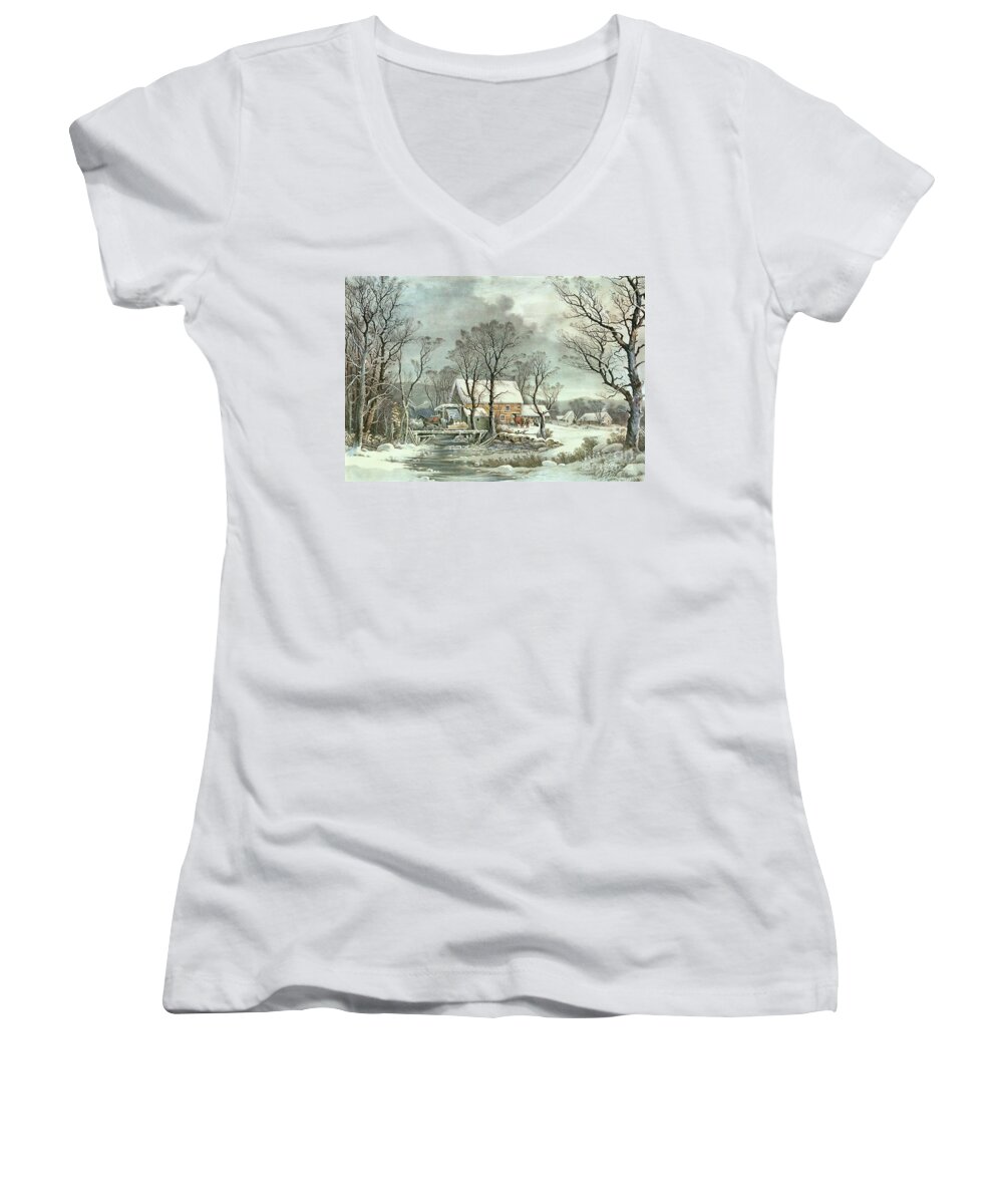 Winter In The Country - The Old Grist Mill Women's V-Neck featuring the painting Winter in the Country - the Old Grist Mill by Currier and Ives