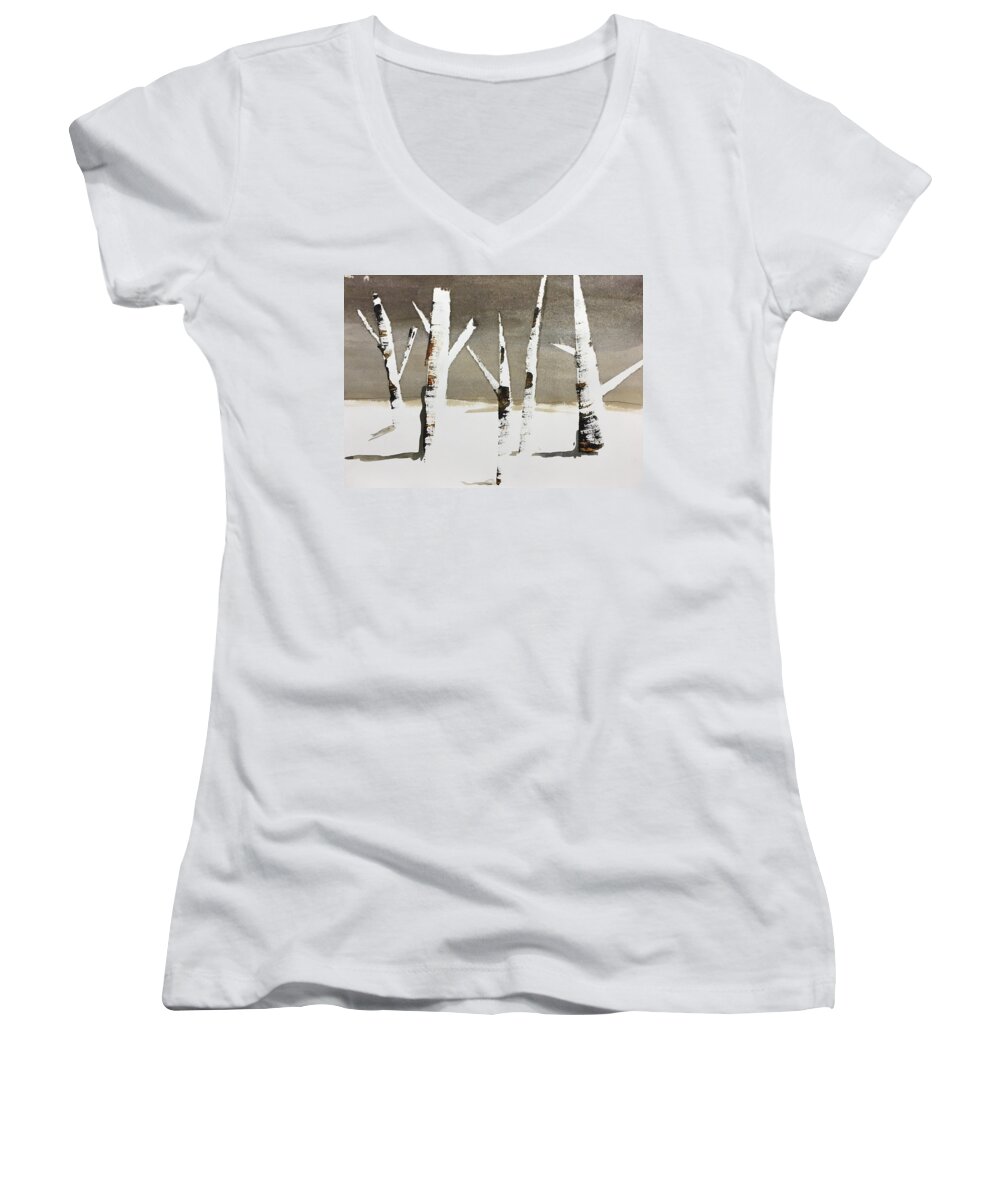 Winter Women's V-Neck featuring the painting Winter Wood by Carole Johnson