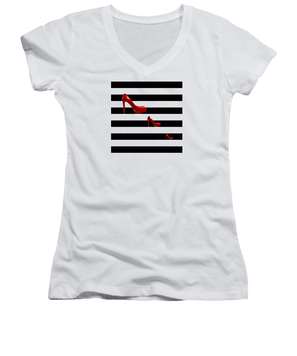 Black And White Stripes Women's V-Neck featuring the painting Woman Scent Black and White Stripes Red Shoes by Georgeta Blanaru