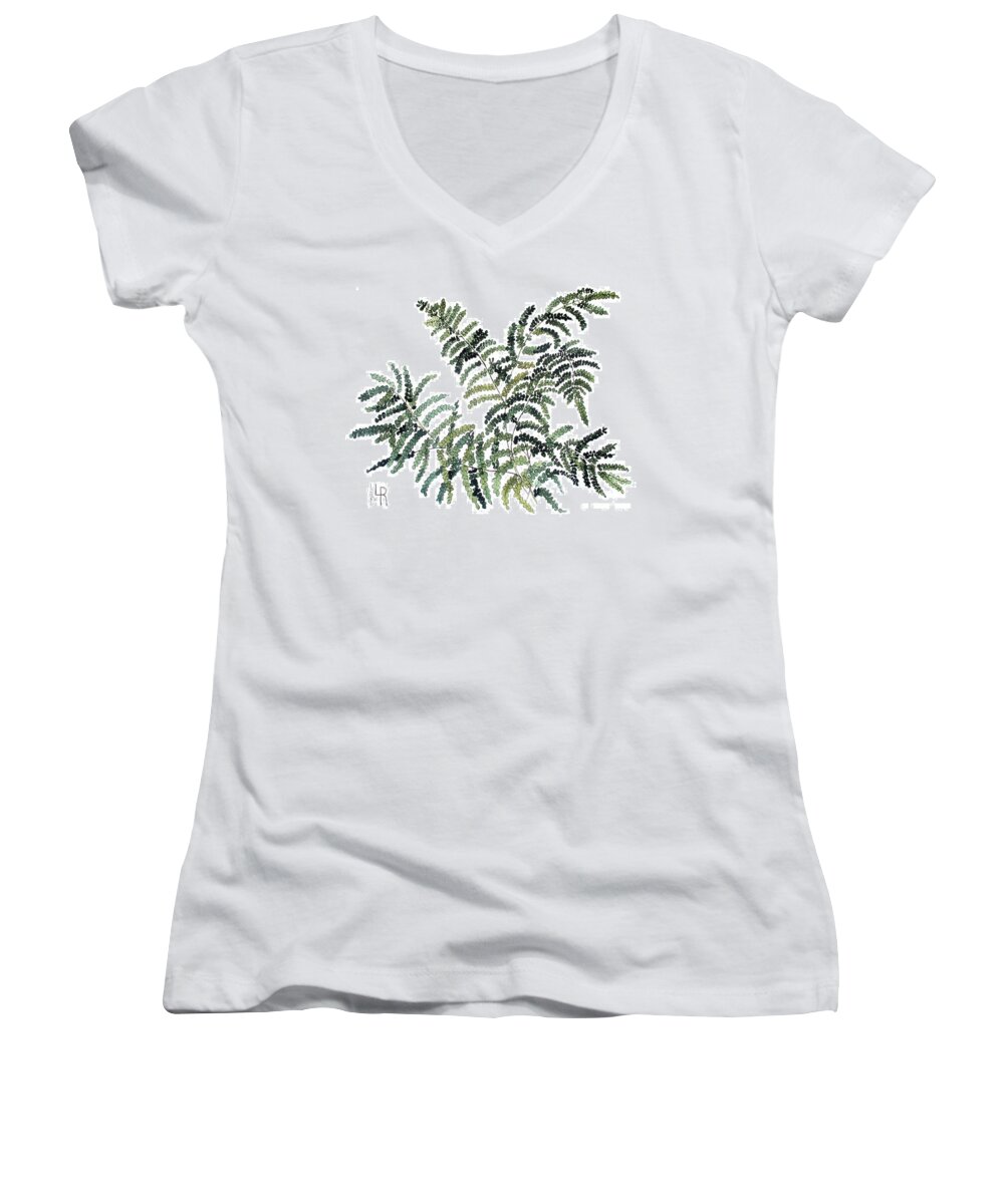 Fern Women's V-Neck featuring the painting Woodland Maiden Fern by Laurie Rohner