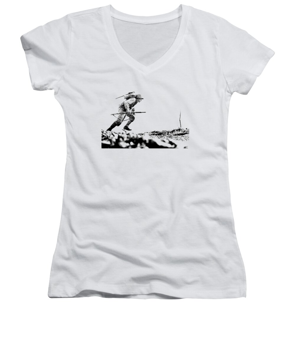 Wwii Marines Women's V-Neck featuring the photograph WWII Marine Crosses Death Valley Okinawa by Historic Image