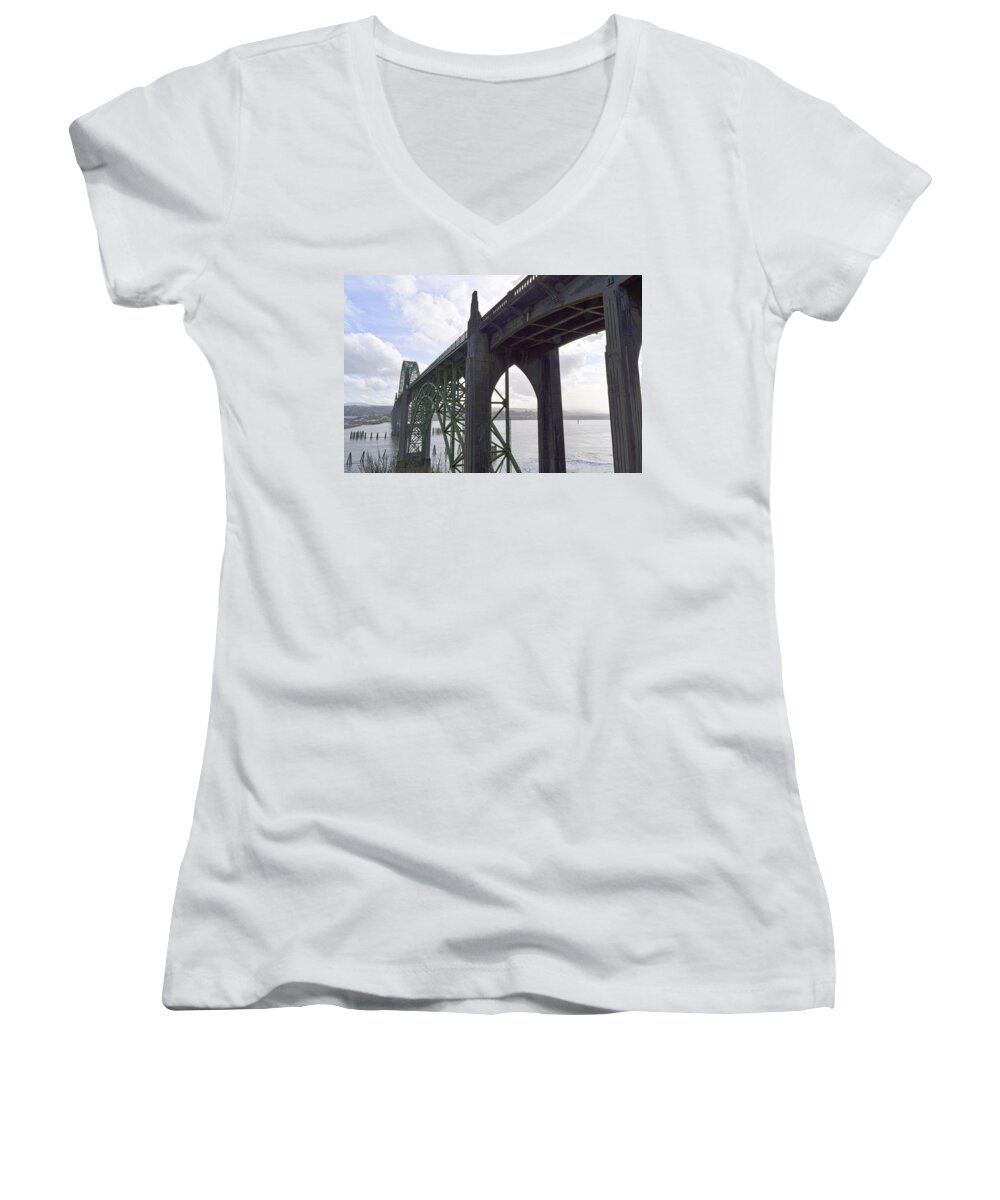 Yaquina Bay Bridge Women's V-Neck featuring the photograph Yaquina Bay Bridge 3 by Kellie Prowse