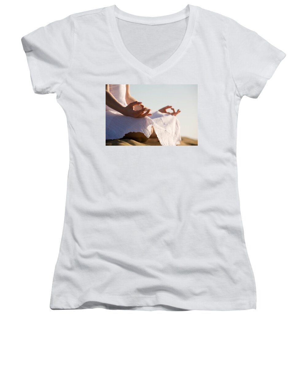 Balance Women's V-Neck featuring the photograph Yoga by Kati Finell