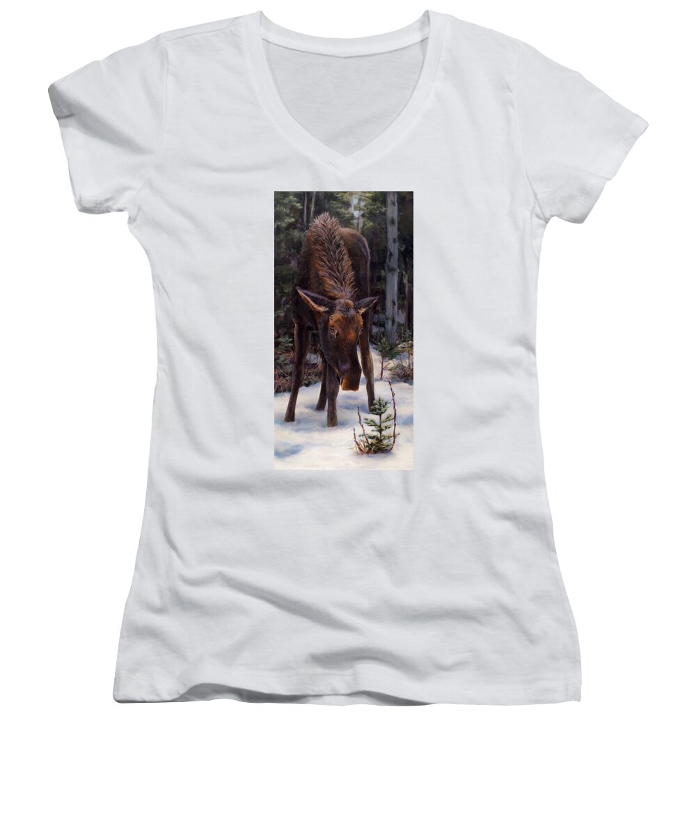 Alaskan Wildlife Women's V-Neck featuring the painting Young Moose and Snowy Forest Springtime in Alaska Wildlife Home Decor Painting by K Whitworth