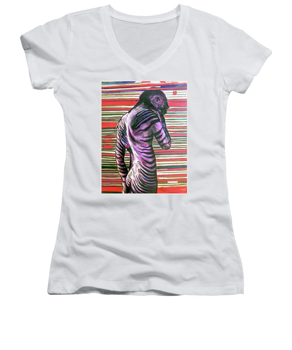 Nude Figure Women's V-Neck featuring the painting Zebra Boy Battle Wounds by Rene Capone