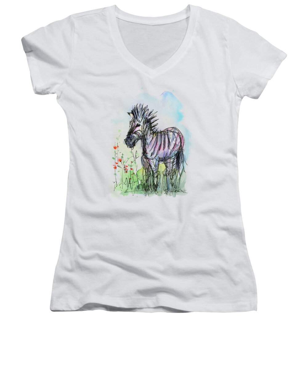 Zebra Women's V-Neck featuring the painting Zebra Painting Watercolor Sketch by Olga Shvartsur