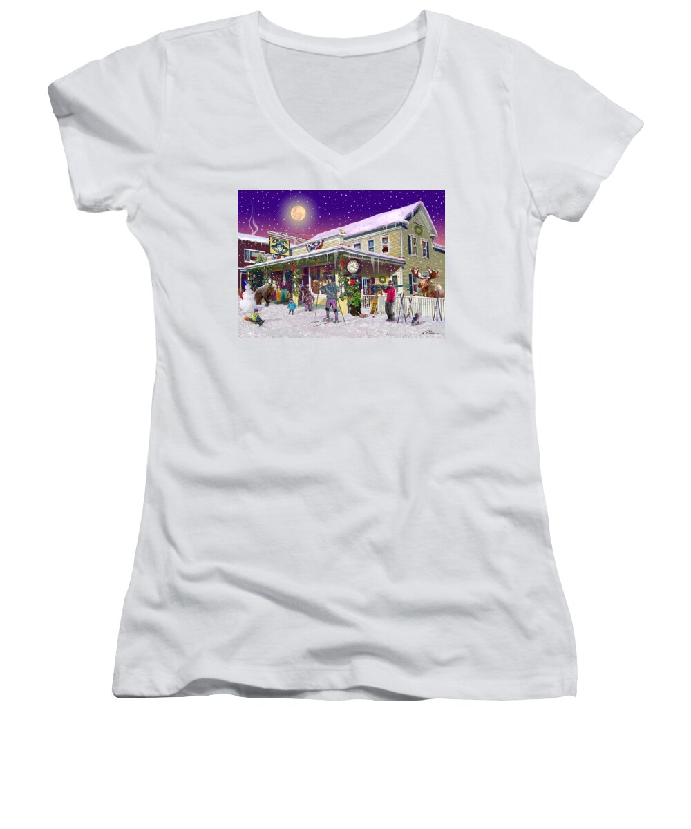 Zebs General Store Women's V-Neck featuring the digital art Zebs General Store in North Conway New Hampshire by Nancy Griswold