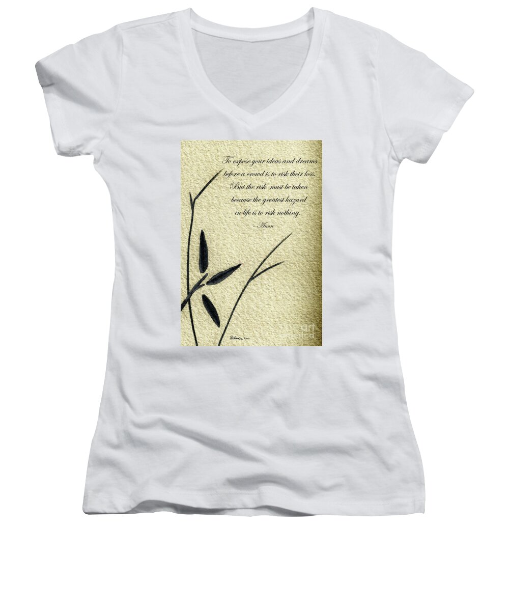 Abstract Women's V-Neck featuring the mixed media Zen Sumi 4n Antique Motivational Flower Ink on Watercolor Paper by Ricardos by Ricardos Creations