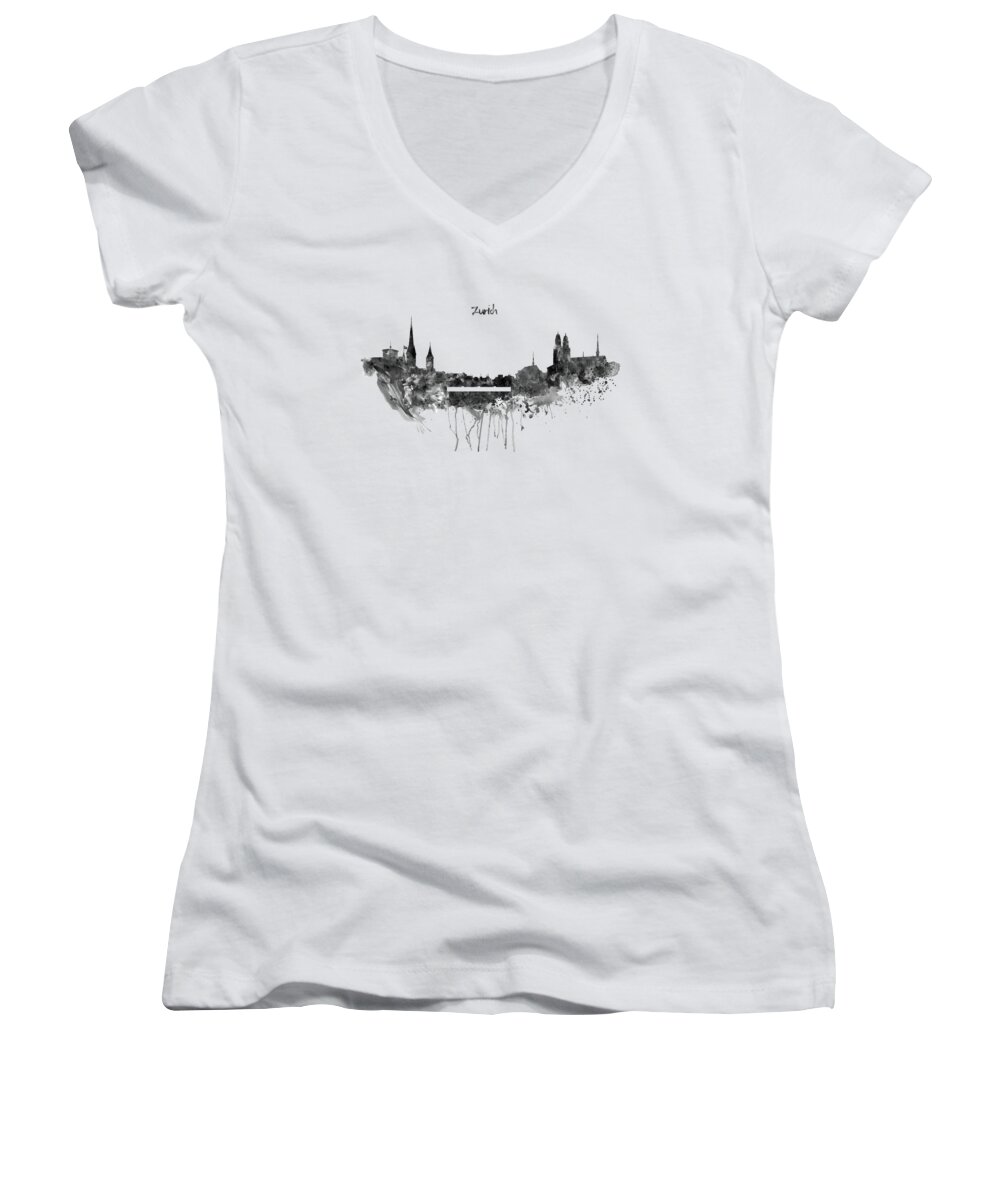 Marian Voicu Women's V-Neck featuring the painting Zurich Black and White Skyline by Marian Voicu