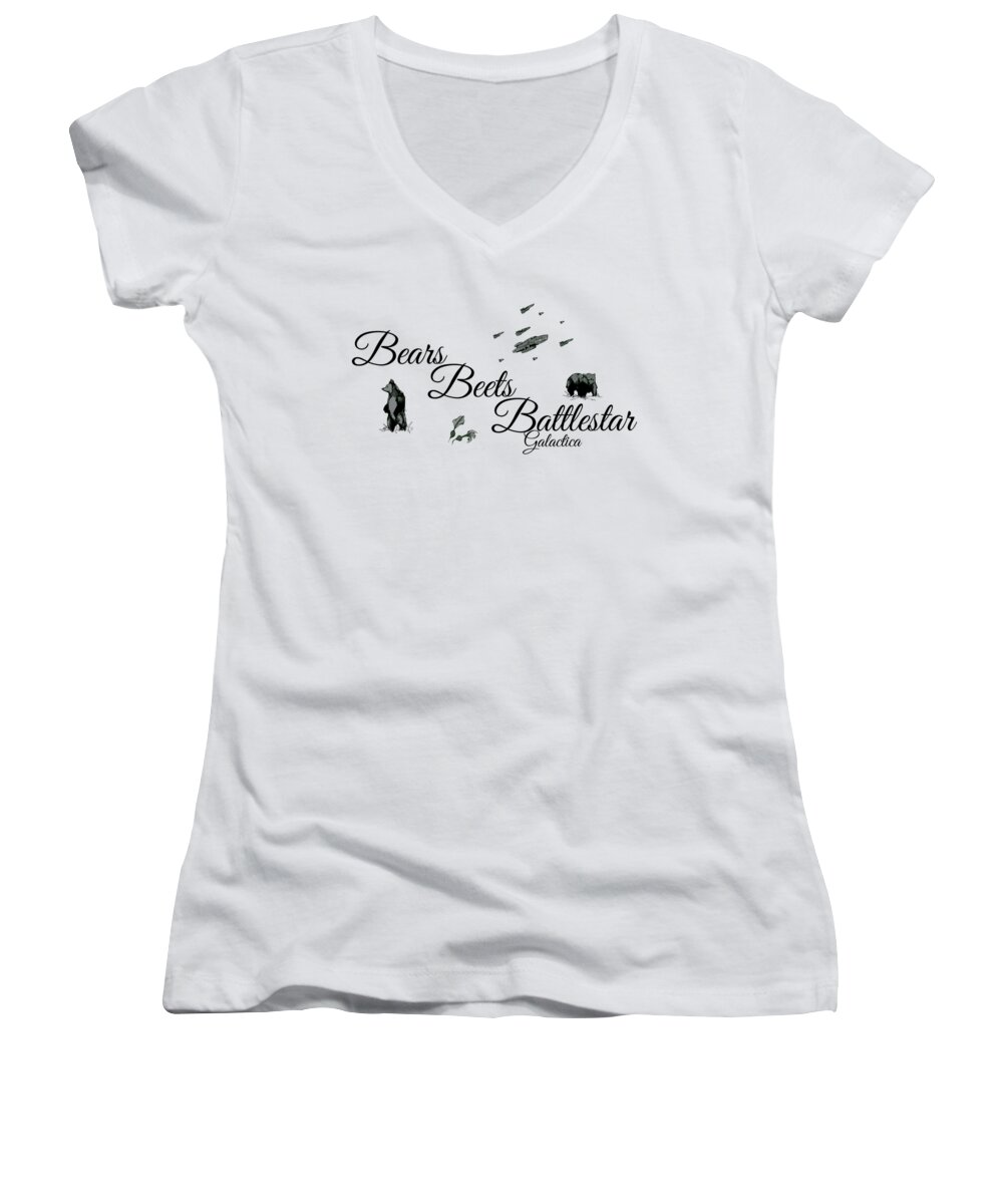 Office Women's V-Neck featuring the drawing Bears Beets Battlestar #1 by Ludwig Van Bacon