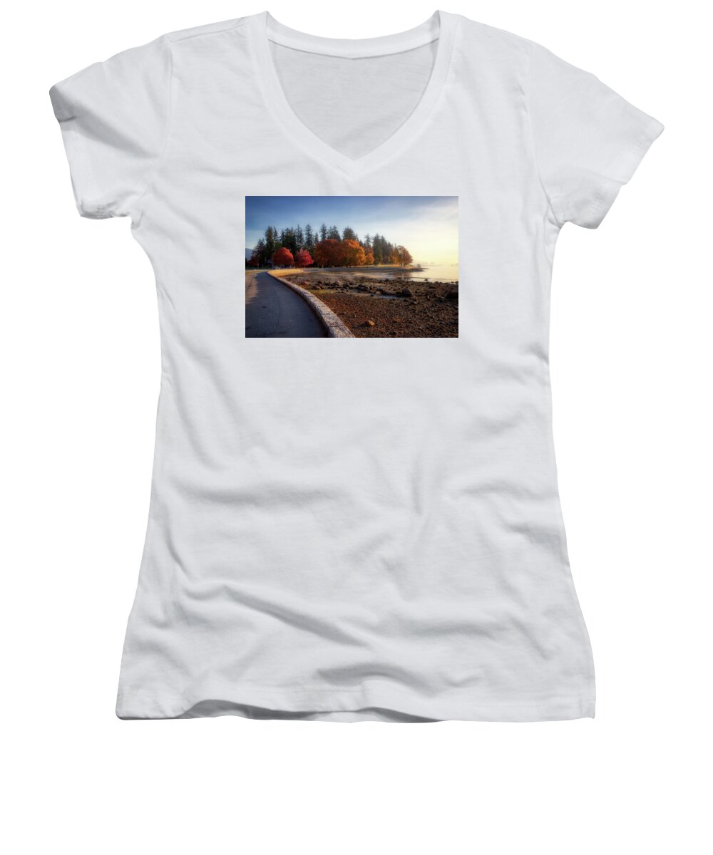 Autumn Women's V-Neck featuring the photograph Colorful Autumn Foliage at Stanley Park #1 by Andy Konieczny