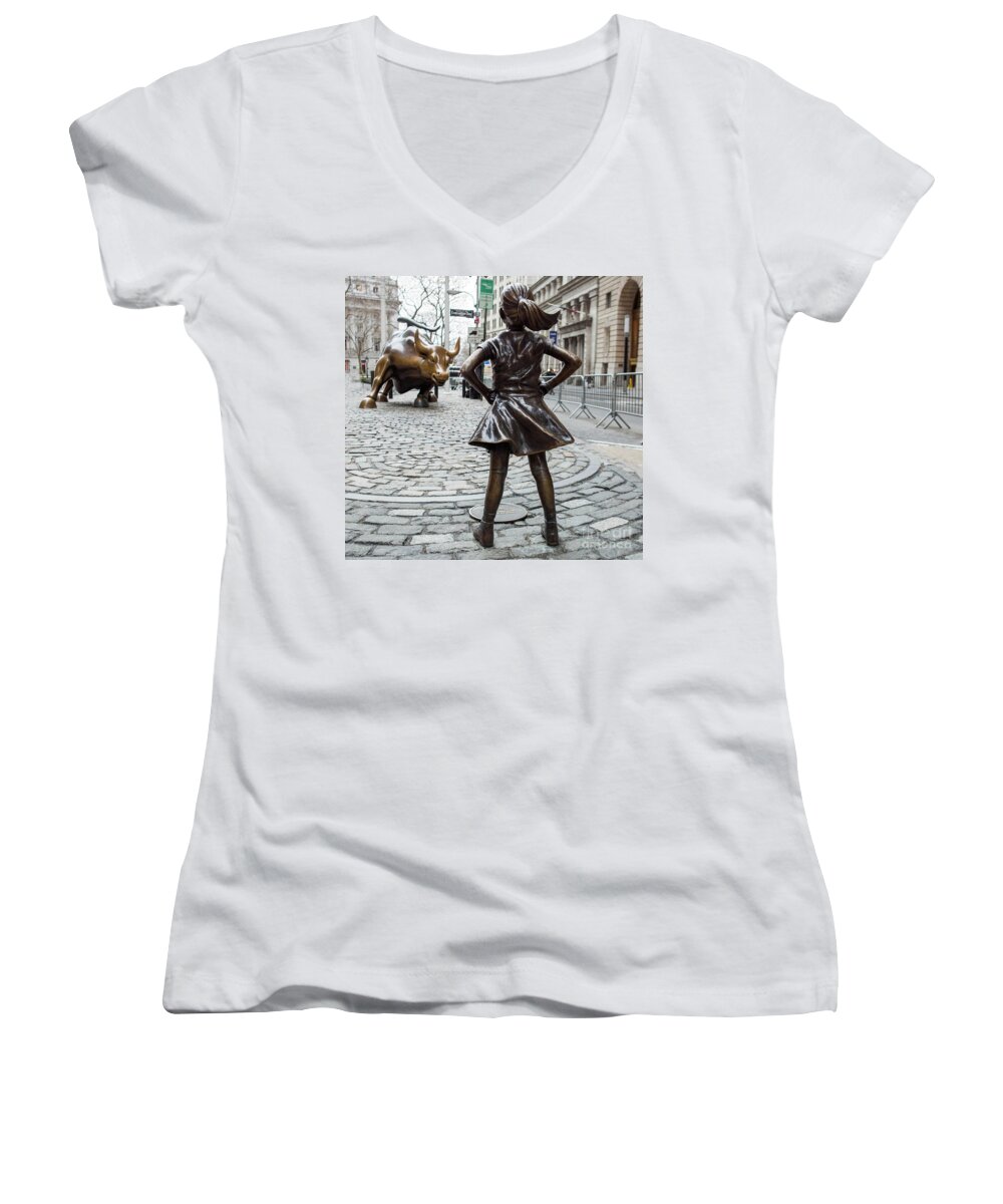 Computer Women's V-Neck featuring the photograph Vintage Fearless Girl and Wall Street Bull Statue #2 by Doc Braham