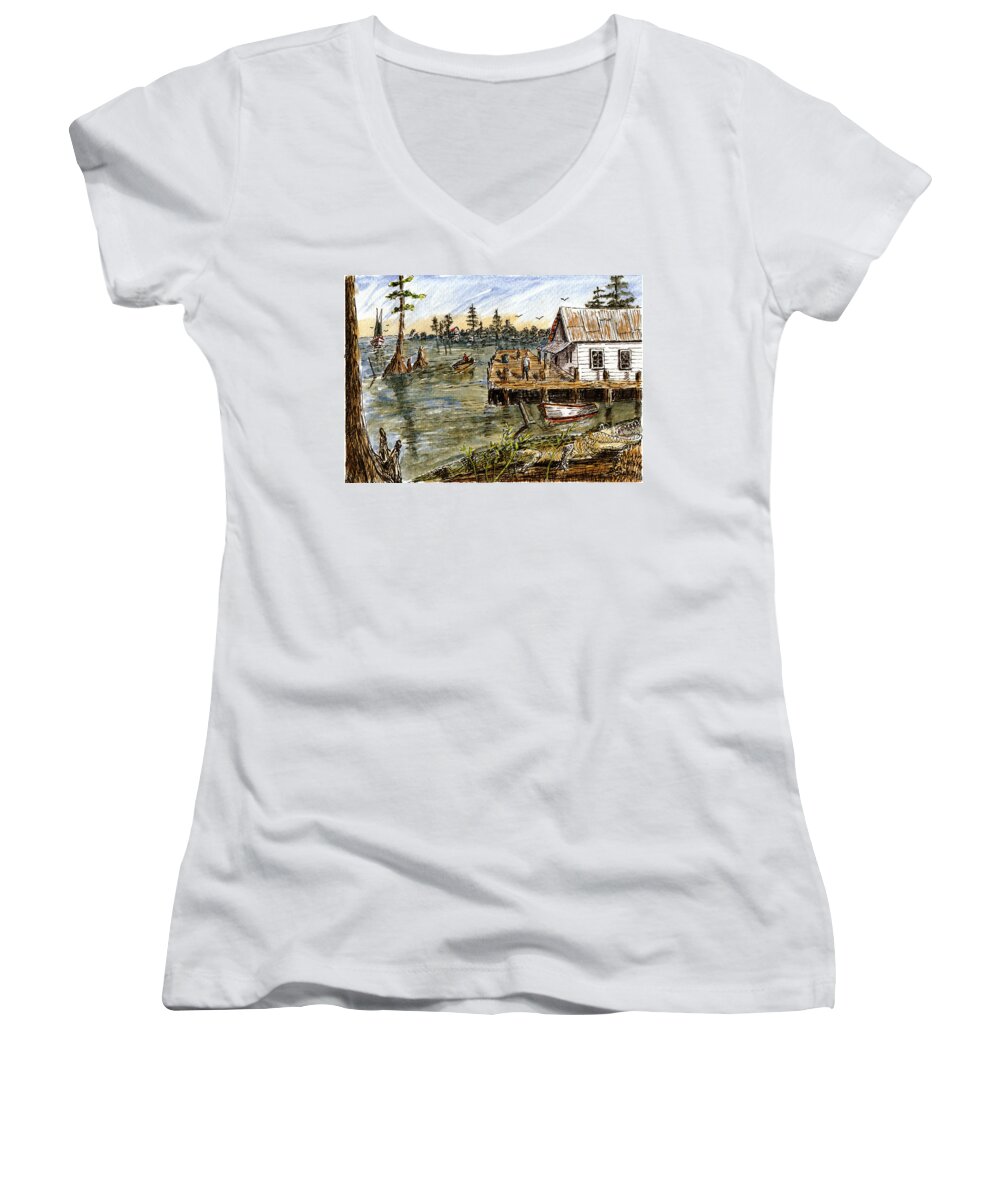 Swamp Women's V-Neck featuring the painting In The Swamp #1 by Barry Jones