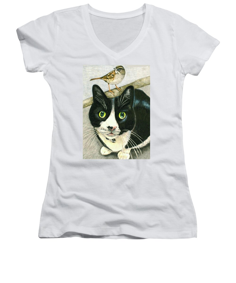 Bird Women's V-Neck featuring the drawing A cat named Sparrow by Tim Ernst