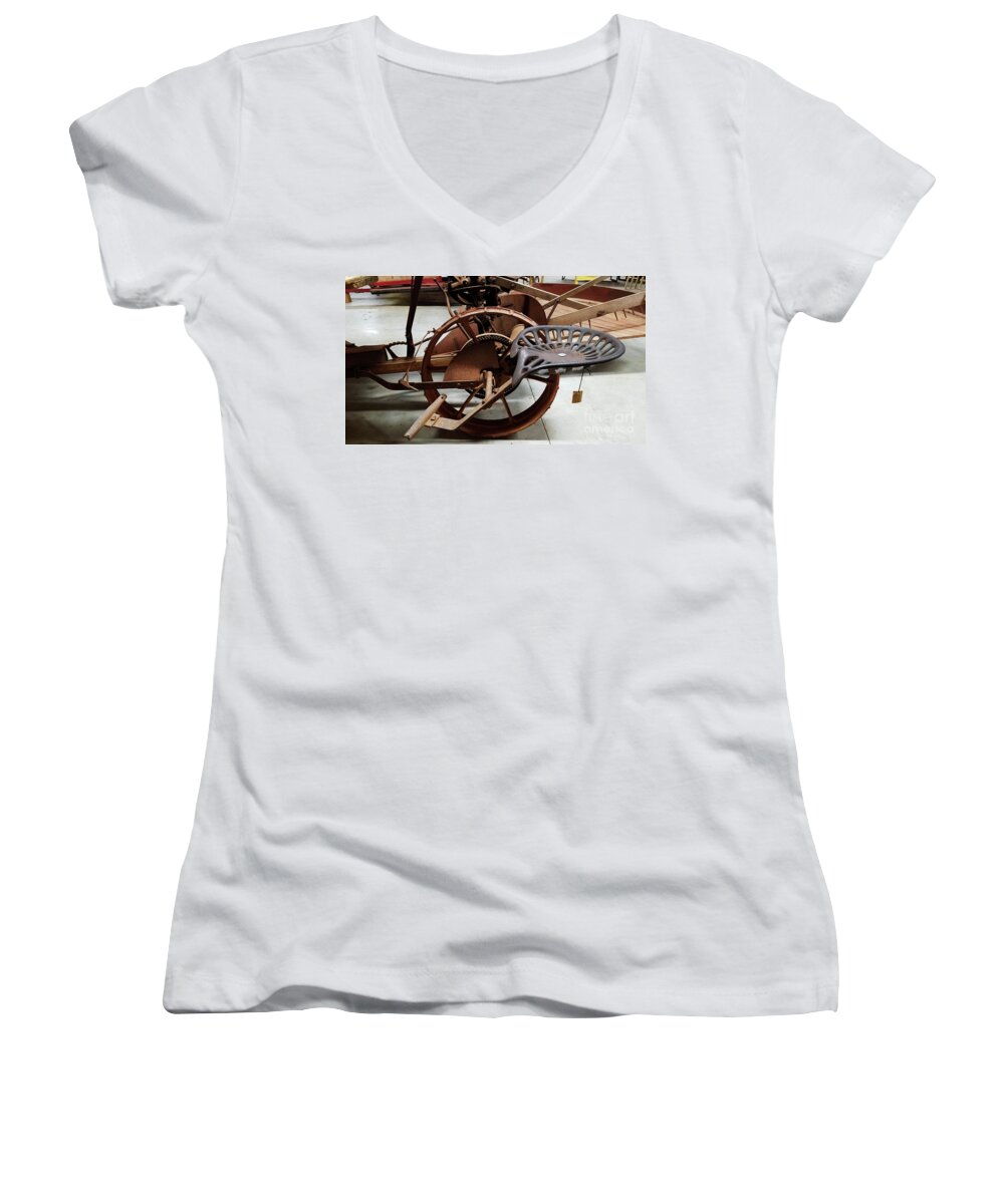 Tractor Seat Women's V-Neck featuring the photograph Antique Tractor Seat by Mary Capriole