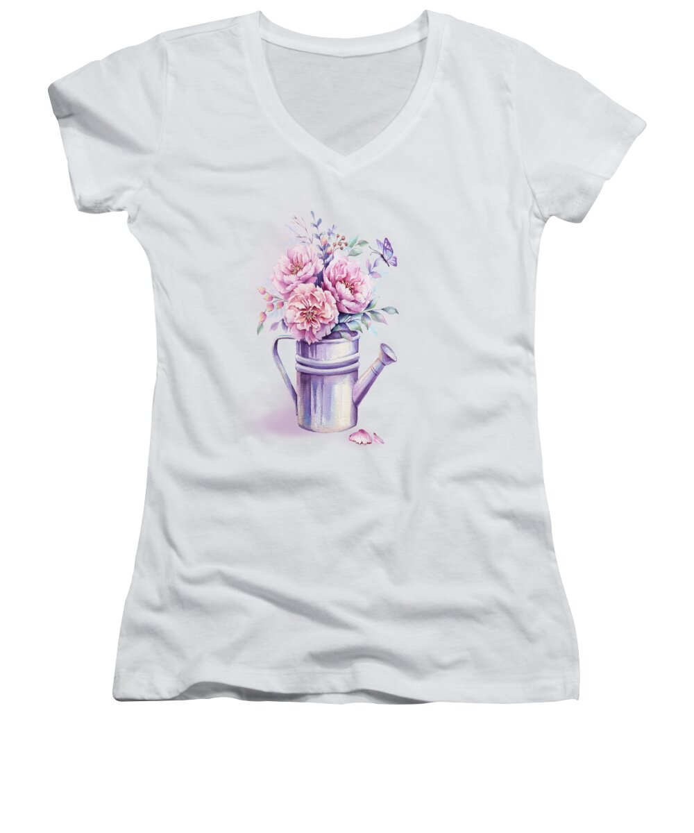Watercolour Peony Women's V-Neck featuring the painting Pink Peonies Blooming Watercolour by Georgeta Blanaru