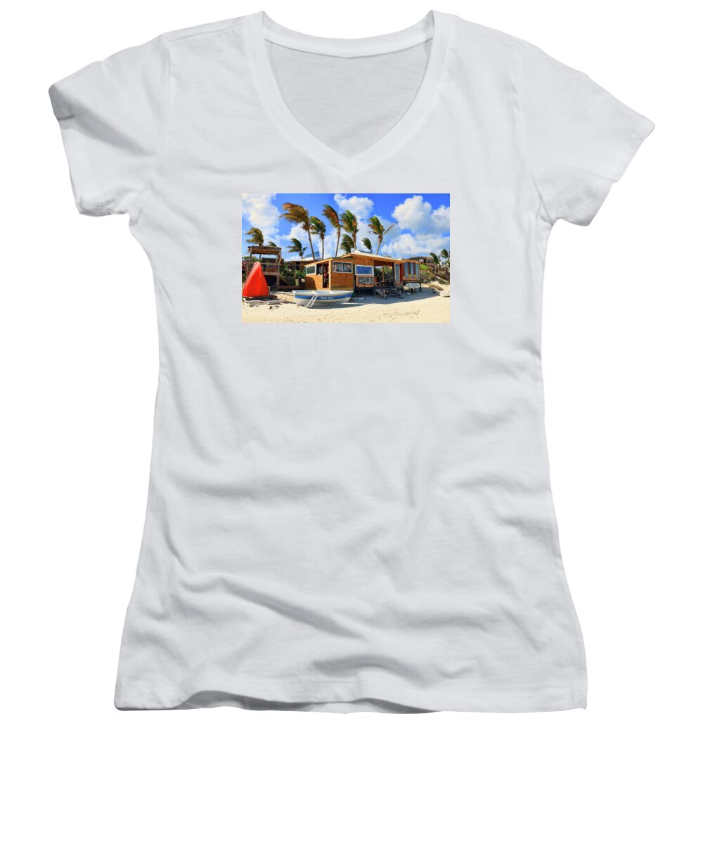 Anguilla Women's V-Neck featuring the photograph Bankie Banxs Dunes Preserve Beach Bar by Ola Allen