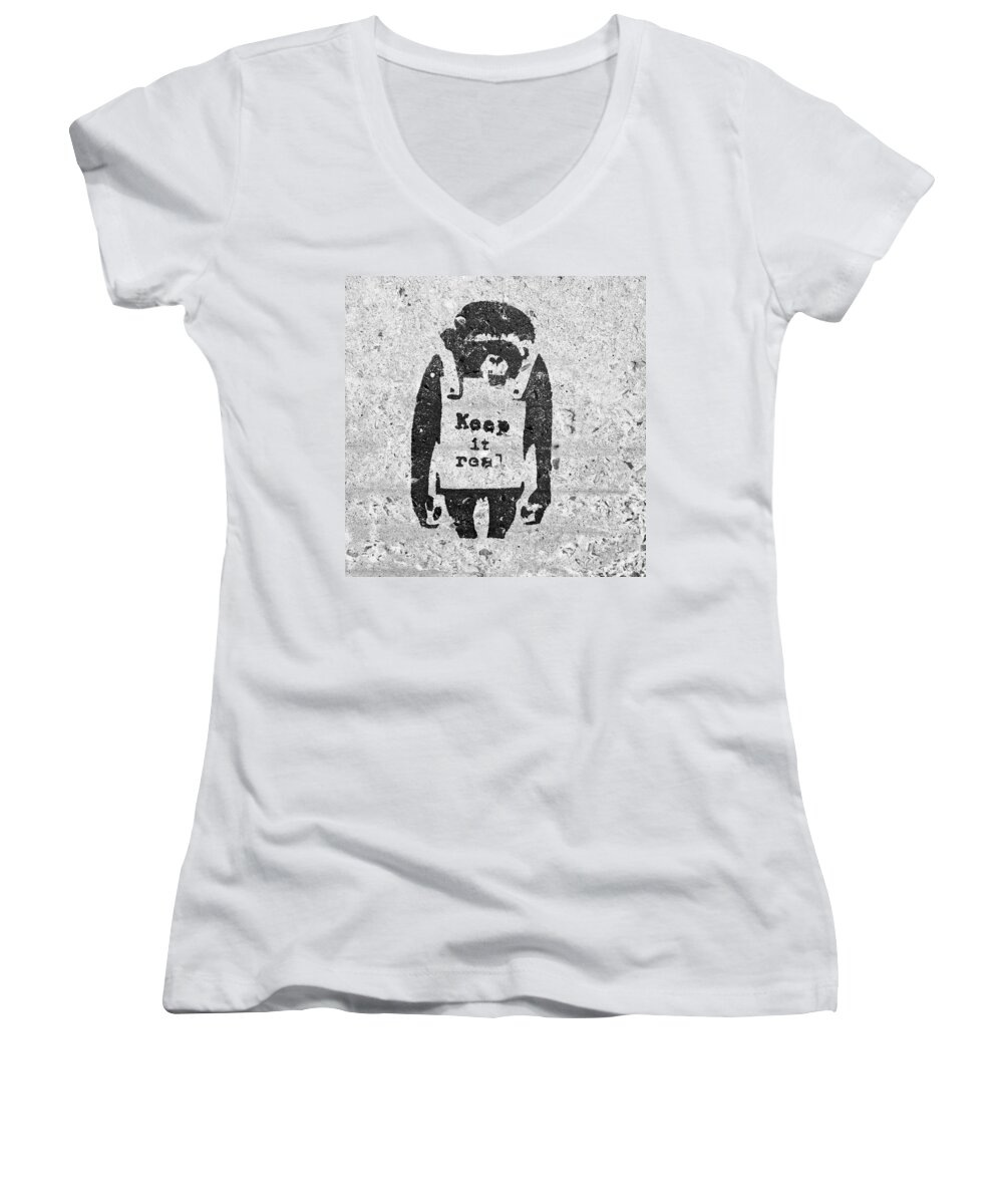 Banksy Women's V-Neck featuring the photograph Banksy Chimp Keep It Real by Gigi Ebert