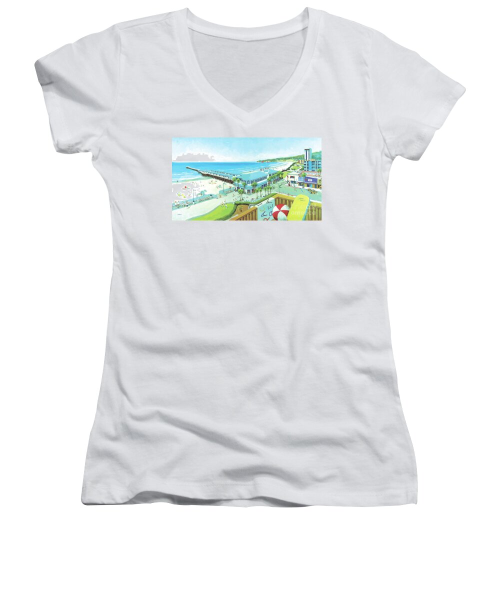 Crystal Pier Women's V-Neck featuring the painting Crystal Pier Pacific Beach San Diego California #2 by Paul Strahm