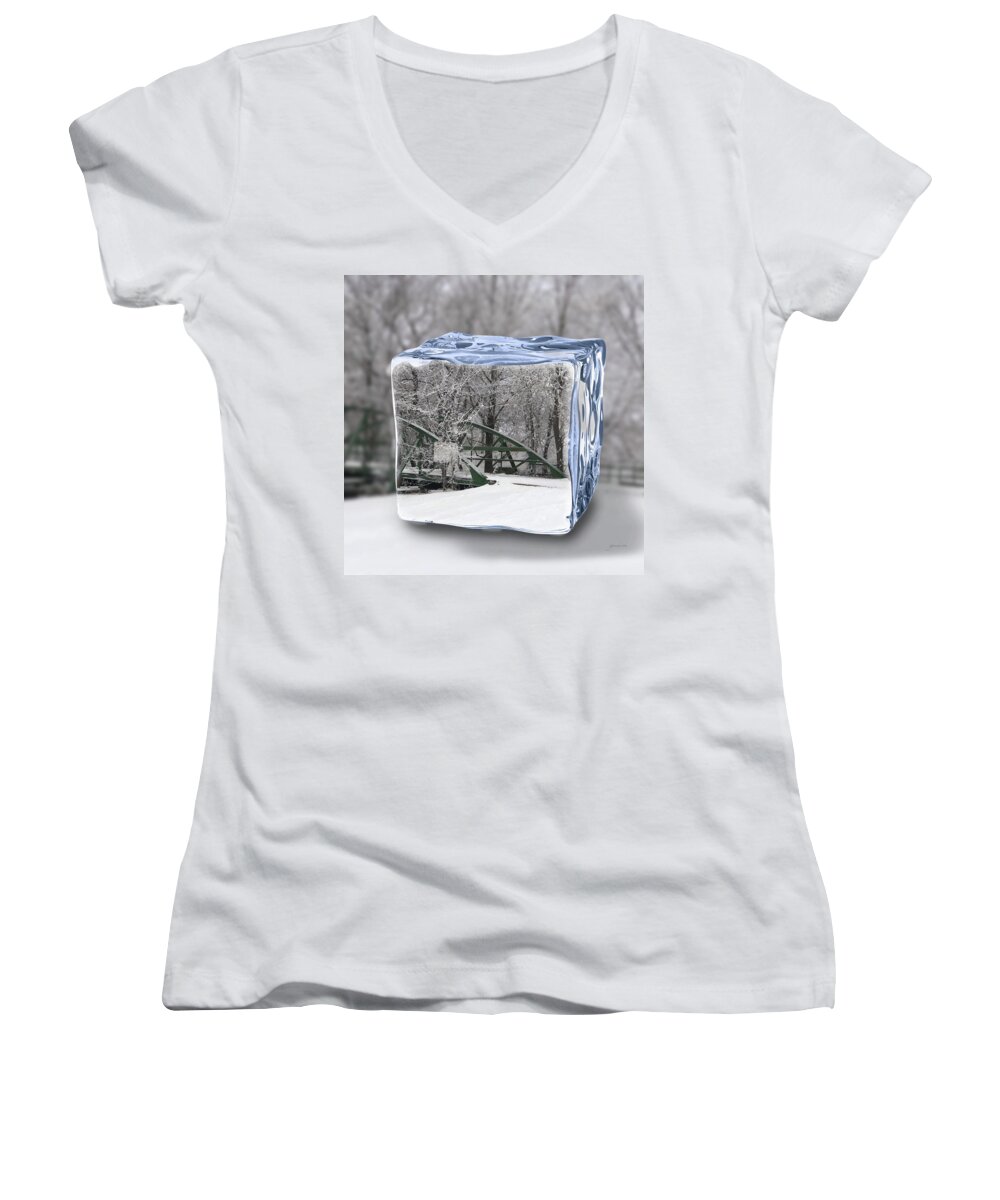 Water Women's V-Neck featuring the photograph Blue Water ice cube by Gary Gunderson