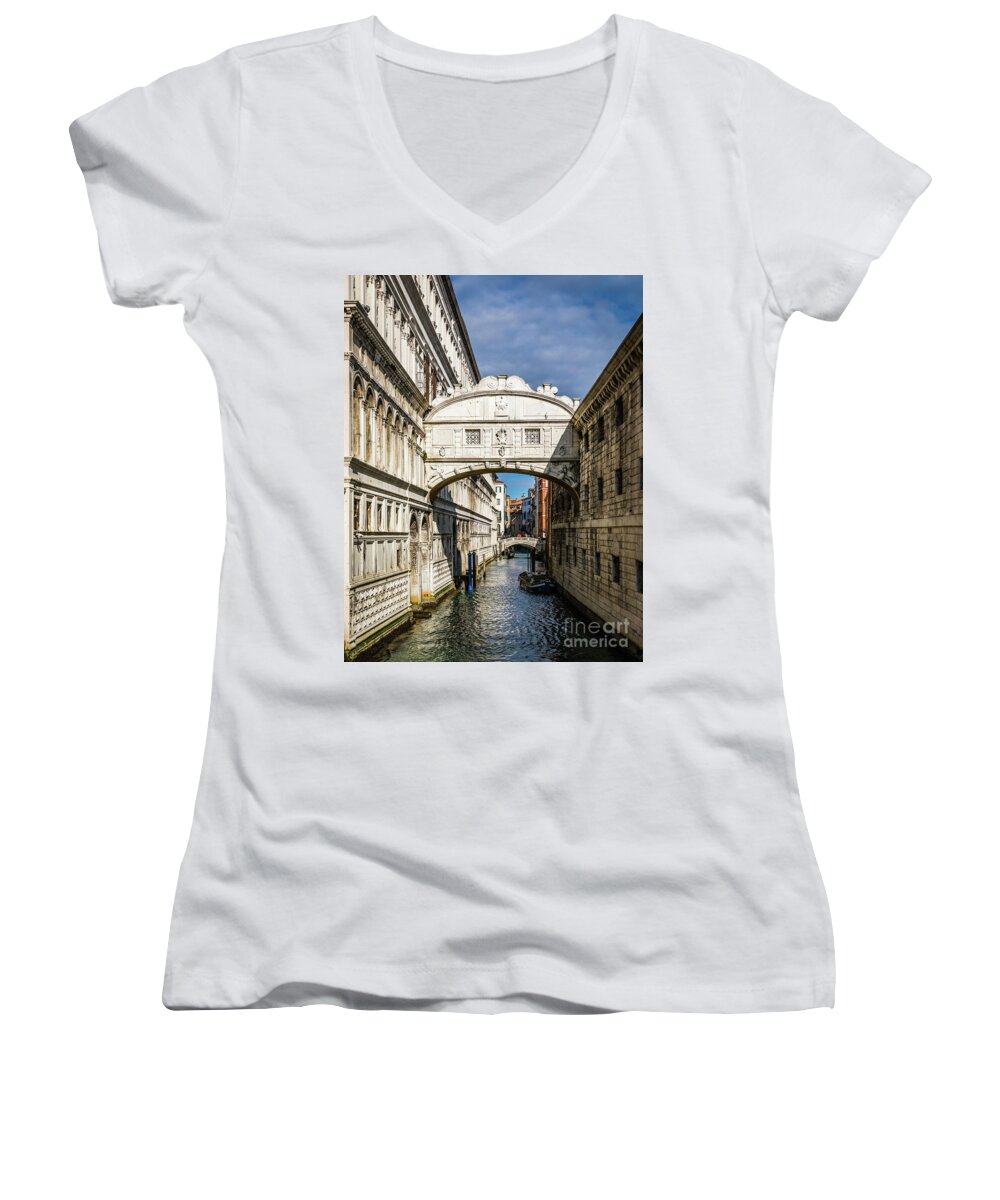 Bridge Women's V-Neck featuring the photograph Bridge of Sighs, Venezia, Italy by Lyl Dil Creations
